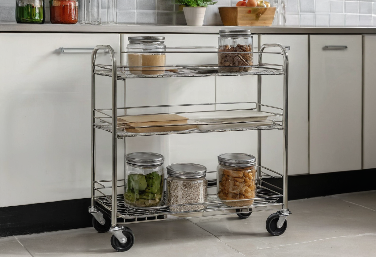 Three-tier silver wire trolley on four wheels holding glass jars and a wooden board.