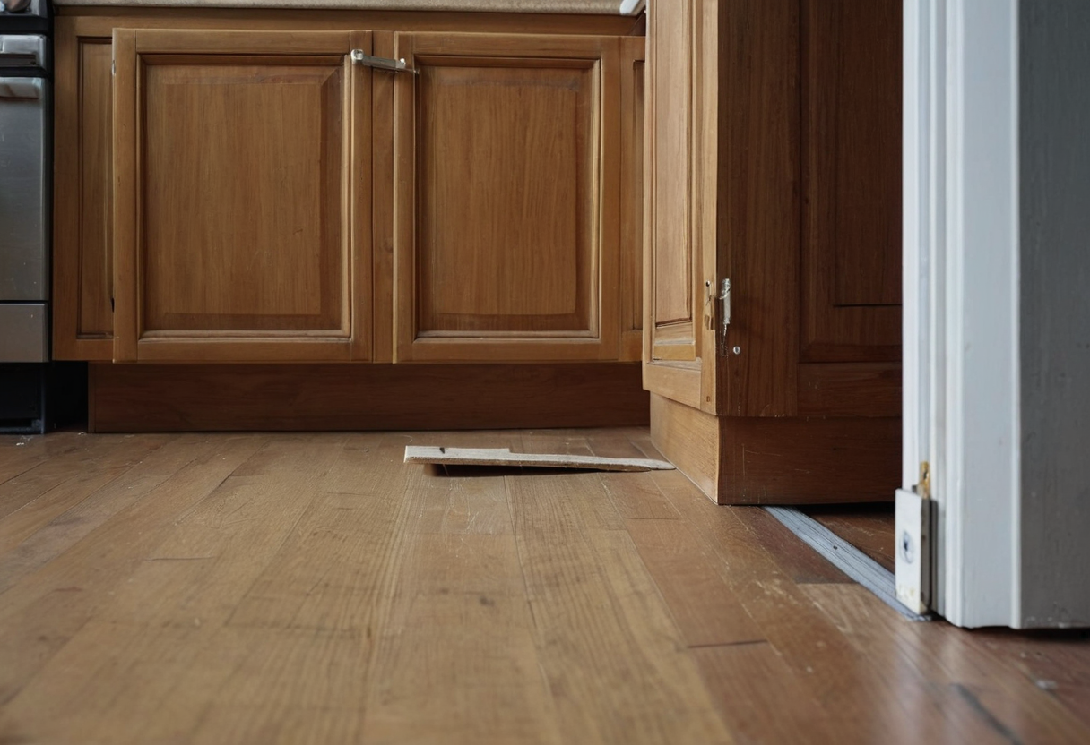 Open wooden lower cupboard door beside closed cabinets with a small flat object on the wood floor.