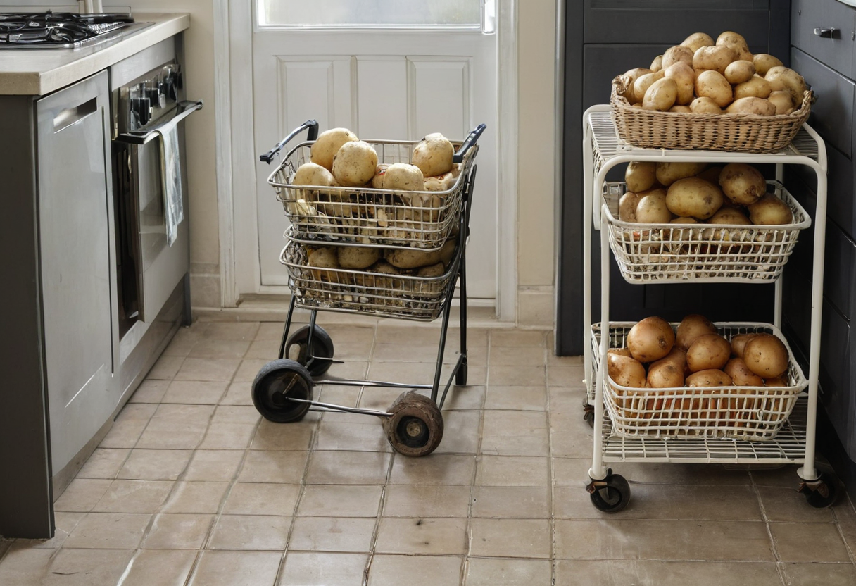 White three-tier trolley and separate metal wheeled basket cart holding potatoes beside a kitchen doorway.