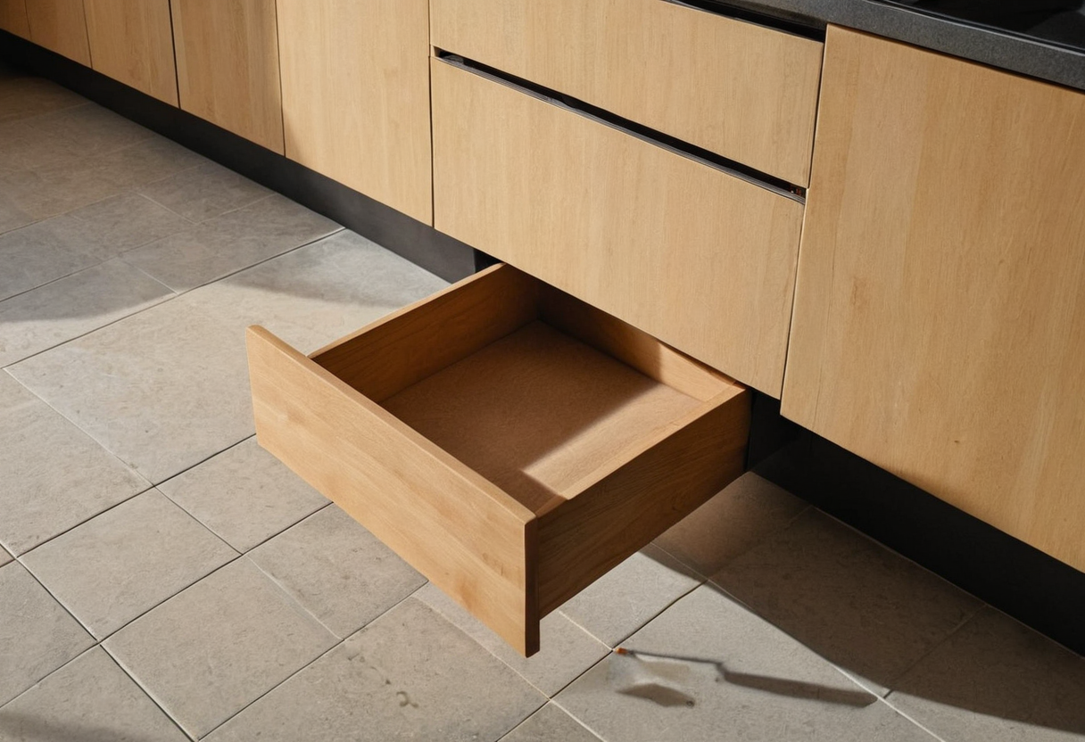 Partly open empty lower wooden kitchen drawer projecting over pale tiled floor.