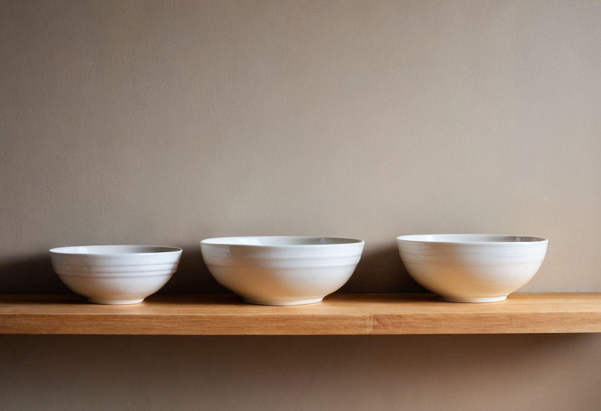 Three white ceramic bowls in a row on a light wooden wall shelf.