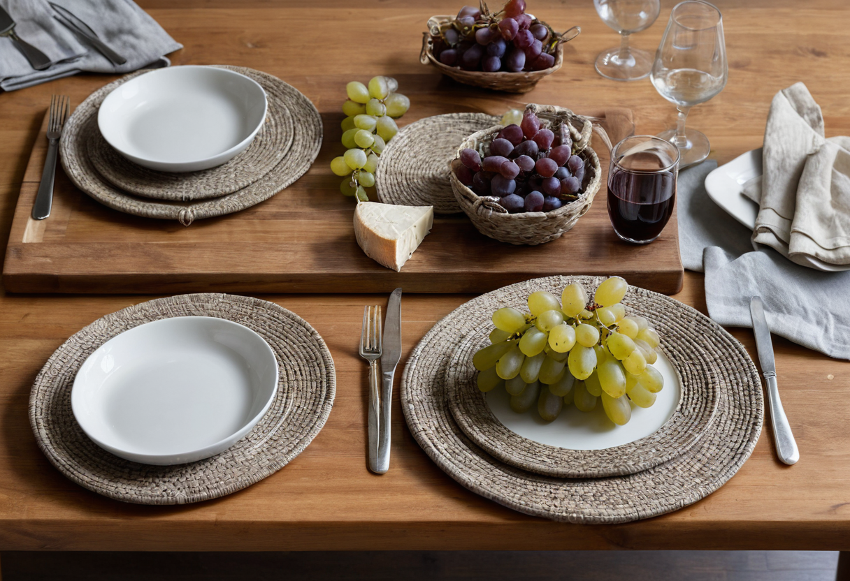 Wooden dining table with woven placemats, white plates, grapes, a cheese wedge, woven bowls and drinking glasses.