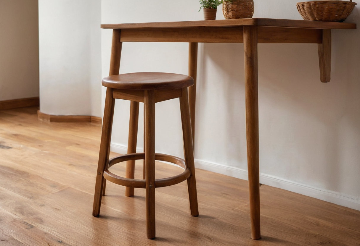 A simple wooden stool beside a tall narrow wooden table in a bright room.