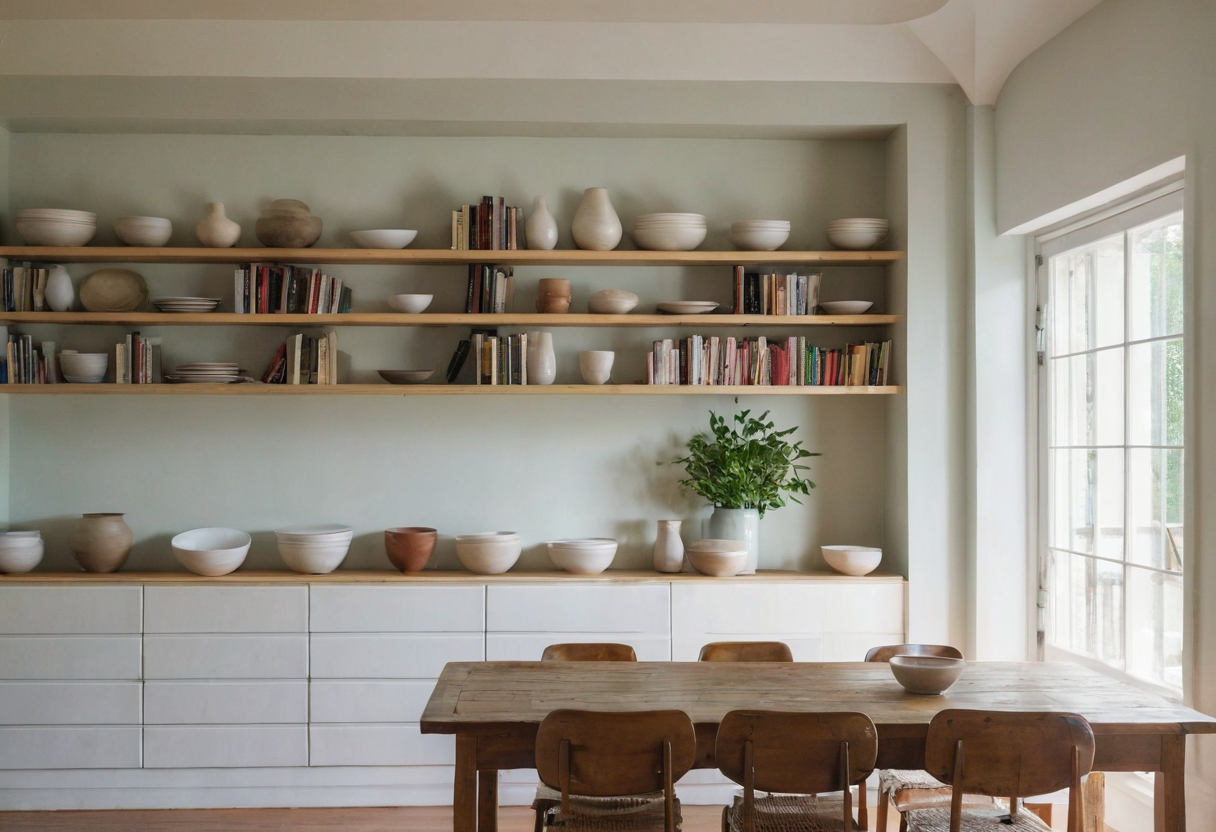 Dining room with a wooden table, chairs and three long wall shelves holding ceramic bowls, vases and books.