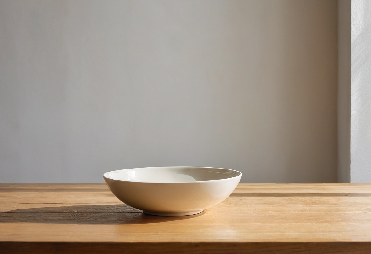 A single empty cream ceramic serving bowl on a clear wooden dining table.
