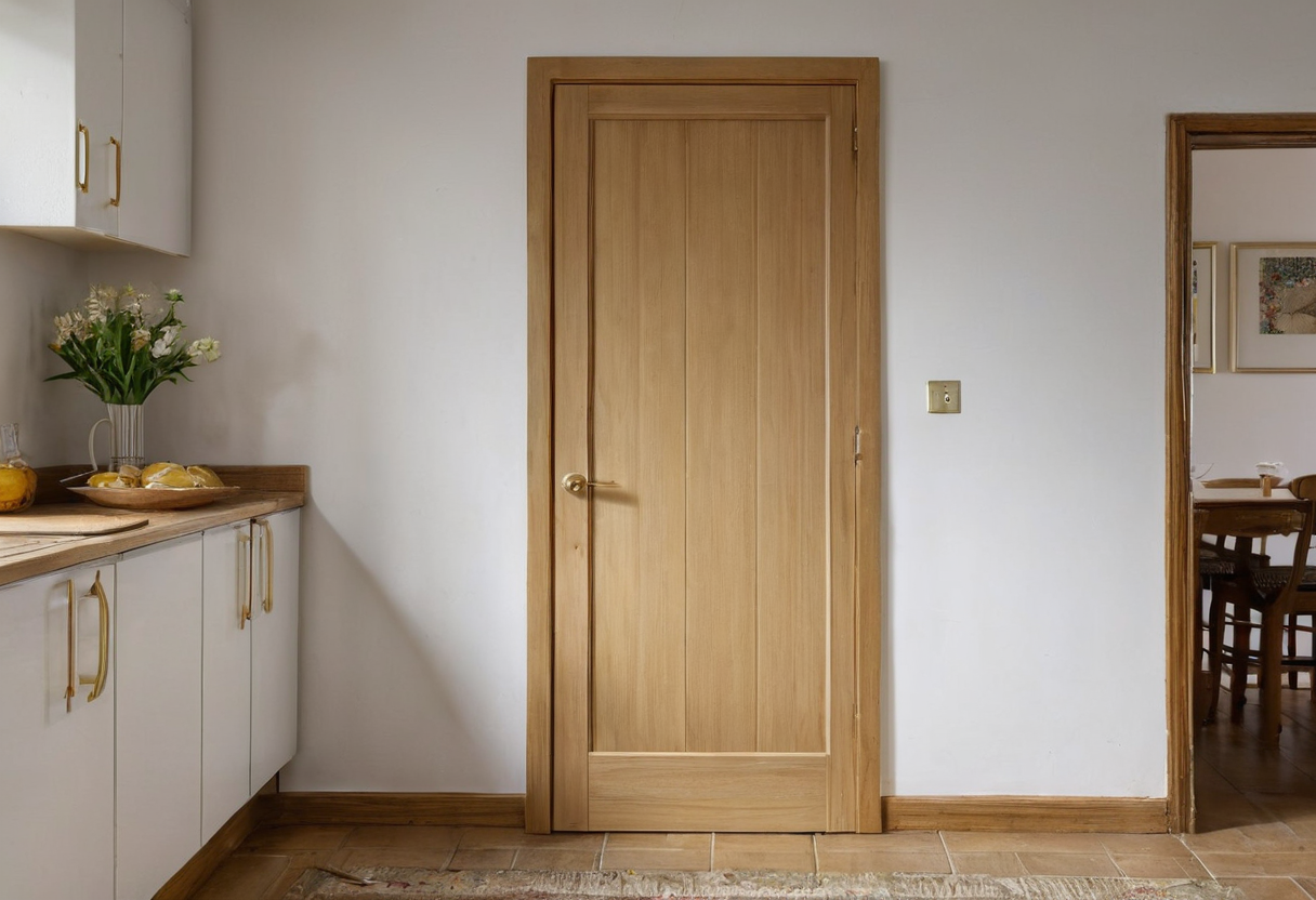 Closed plain light wooden door with hinges on the right in a kitchen wall.