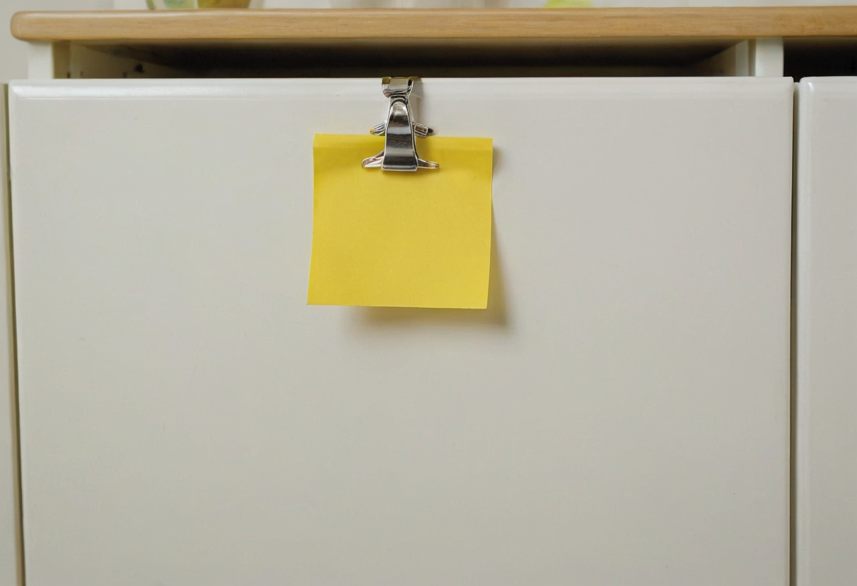 Silver clip holding one blank yellow square of paper on a white cabinet front.