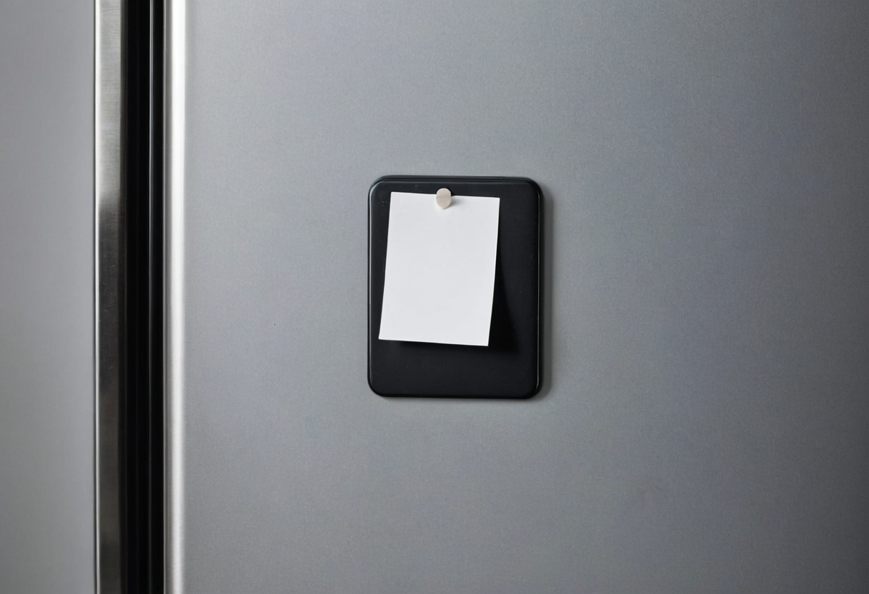 Blank white card secured by a small pale pin to a black rectangular magnetic pad on a grey refrigerator door.