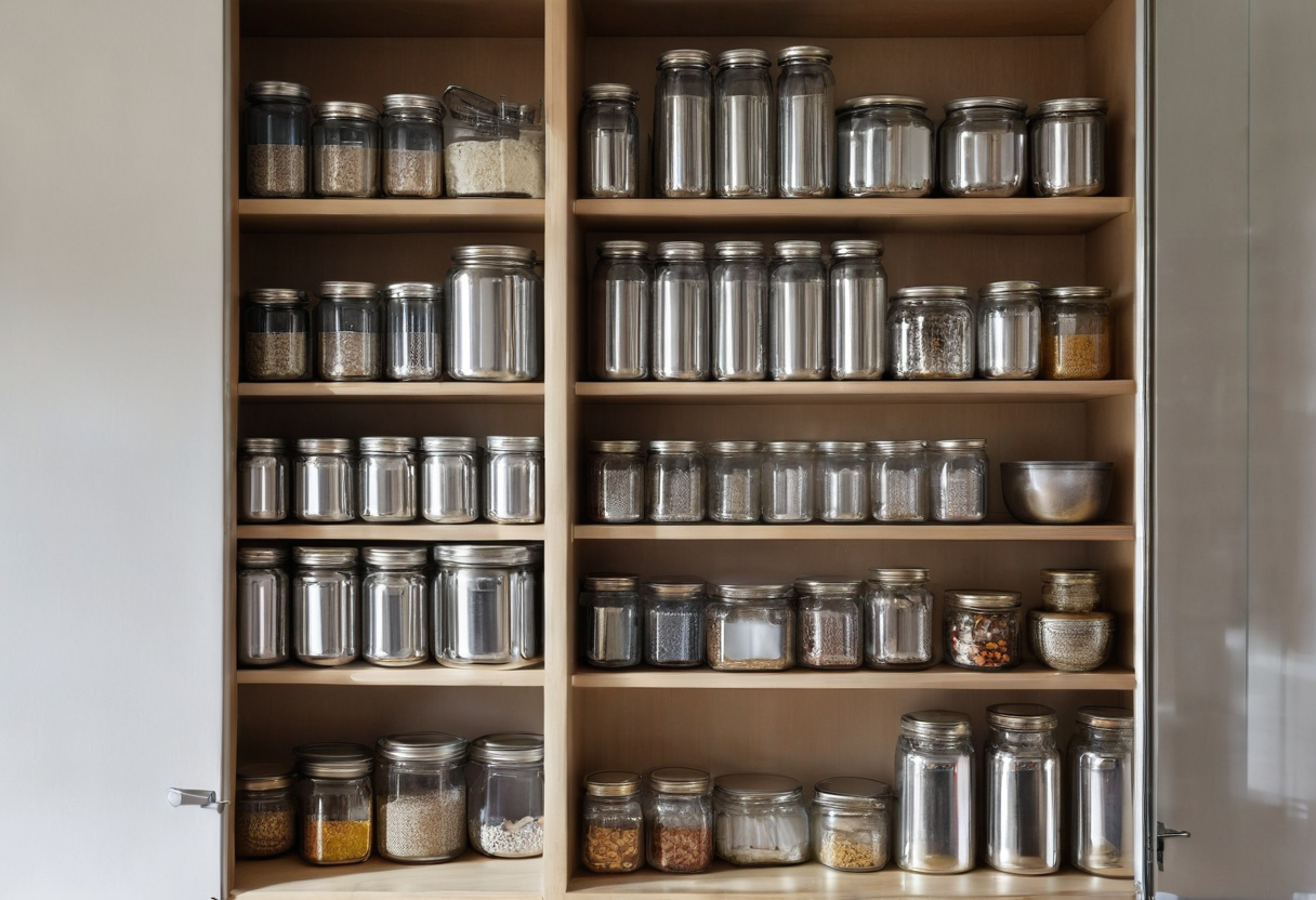 Open wooden pantry shelves filled with plain silver tins and clear glass jars containing grains.