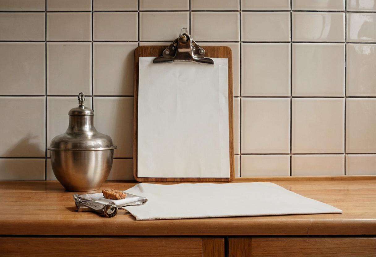 Wooden clipboard with a blank white sheet leaning against a tiled backsplash beside a metal canister and loose blank sheet on a counter.