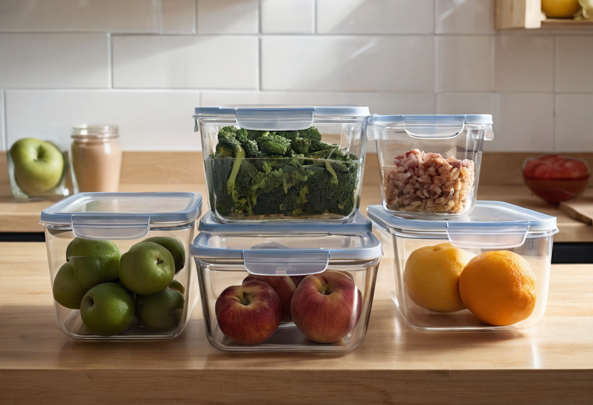 Five clear plastic containers with blue-edged lids holding fruit, broccoli and other food on a wooden counter.