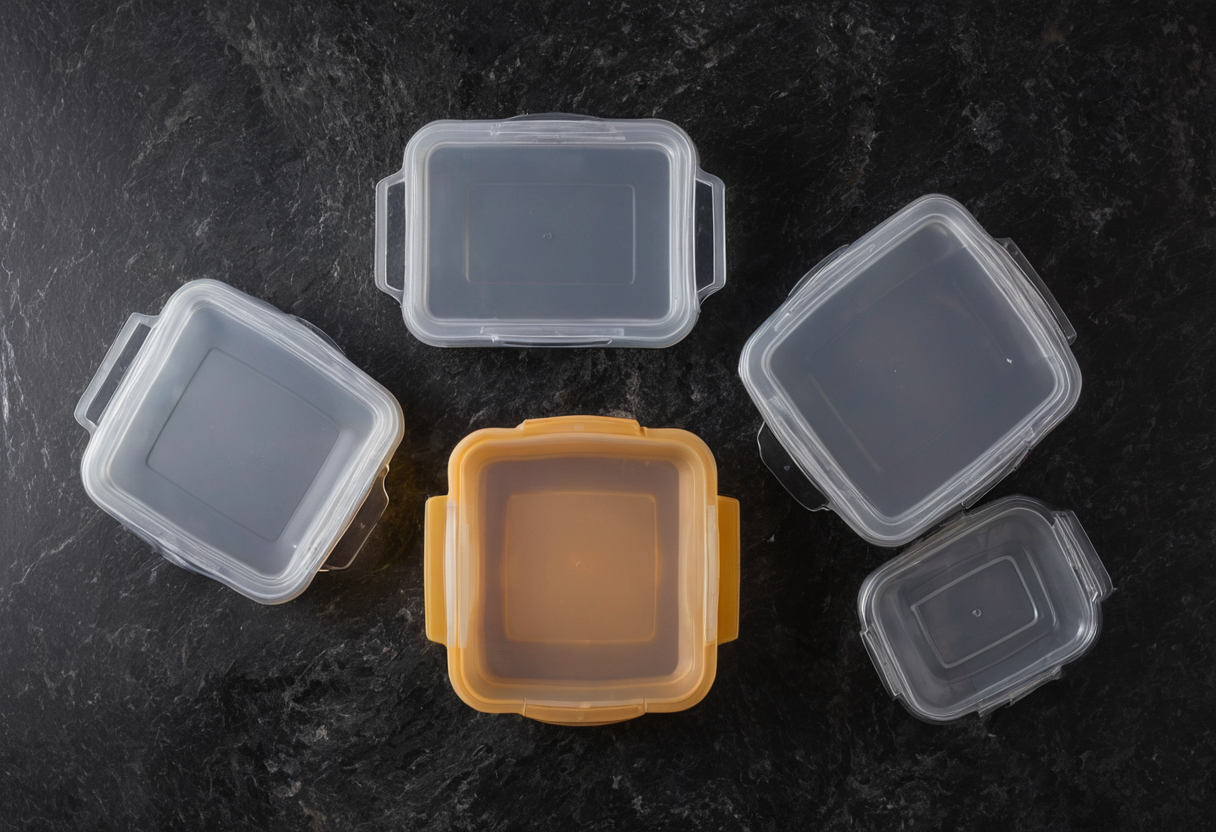 Overhead view of five separate translucent plastic lids on dark stone, one amber coloured.