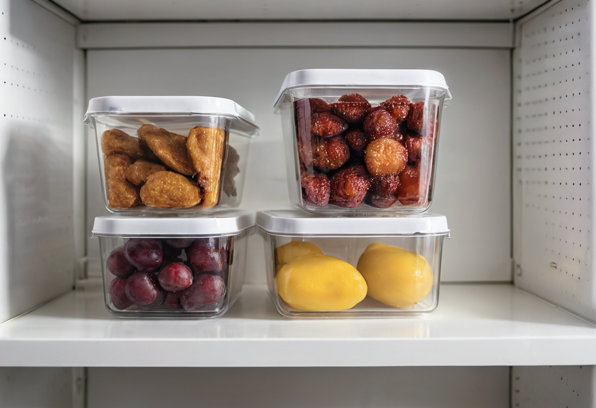 Four clear lidded plastic containers holding different foods stacked in two pairs on a white shelf.
