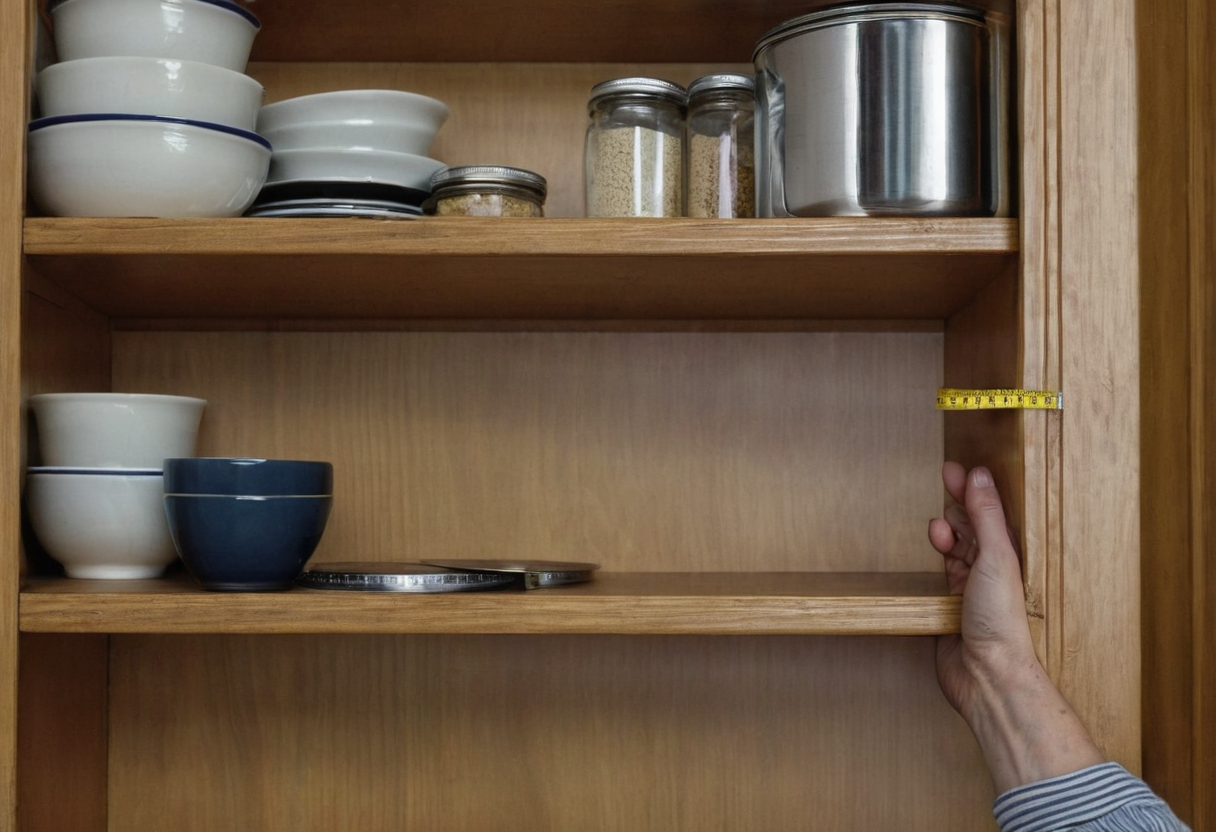 Open wooden cupboard containing bowls and jars with a hand holding yellow tape horizontally along the right side.