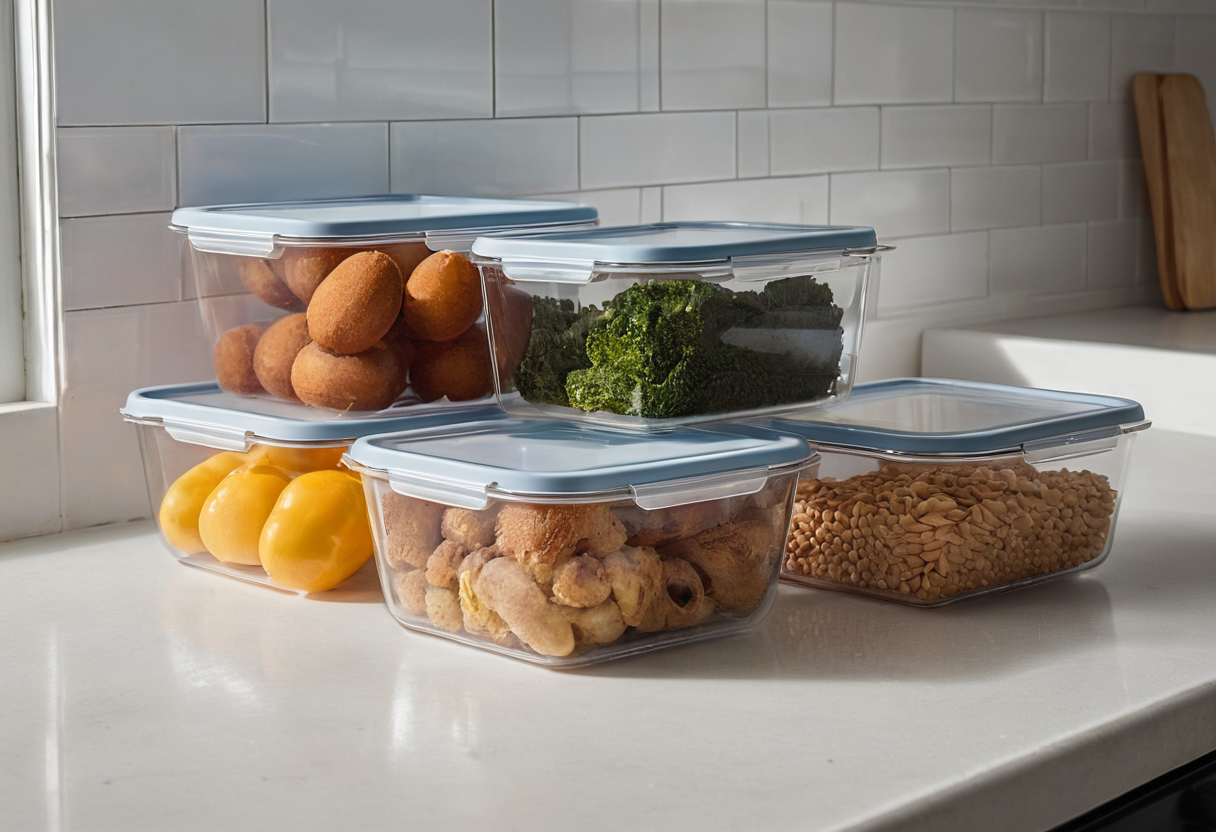 Five clear rectangular lidded containers with blue rims holding assorted food on a pale kitchen counter.