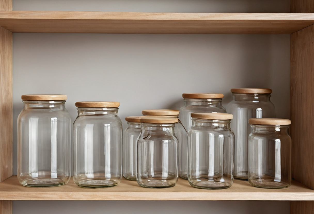 Several empty clear glass jars of mixed heights with pale wooden lids on a wooden shelf.
