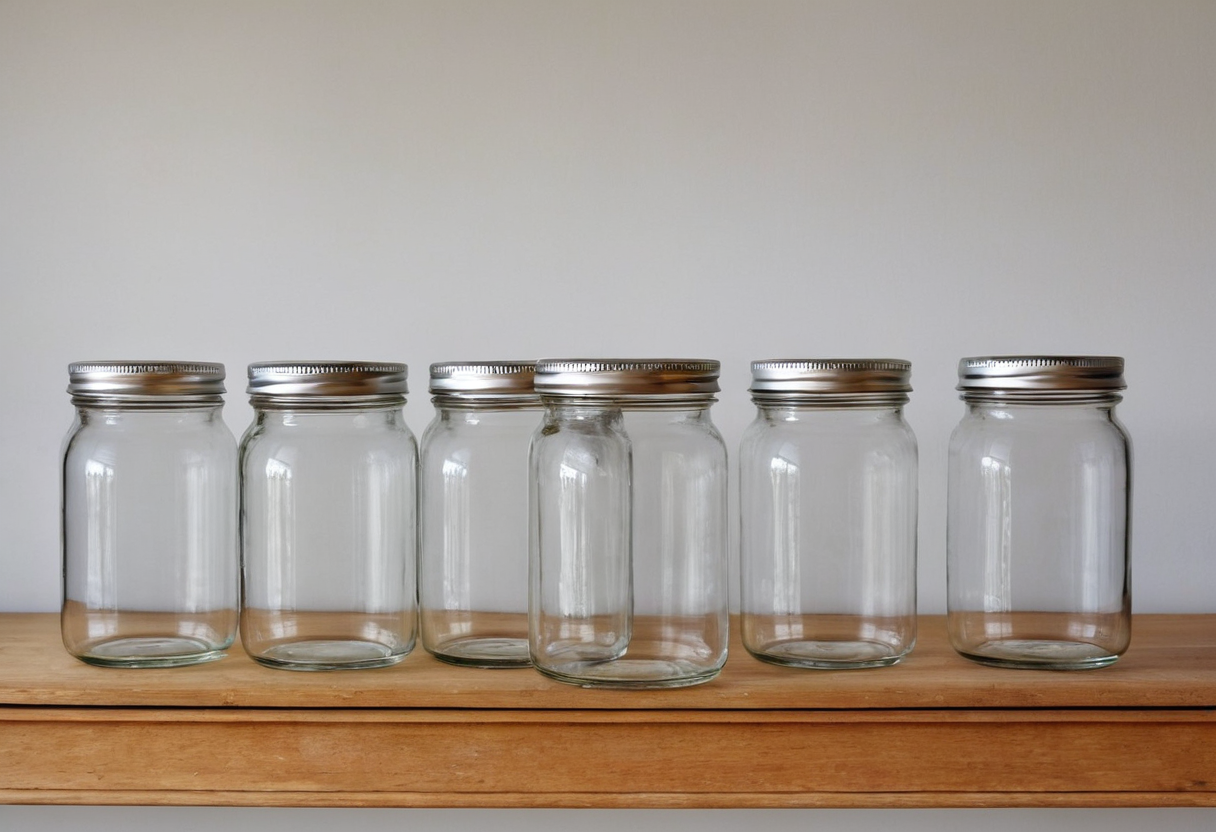 Several empty clear glass jars with metal lids in a row on a wooden shelf against a white wall.