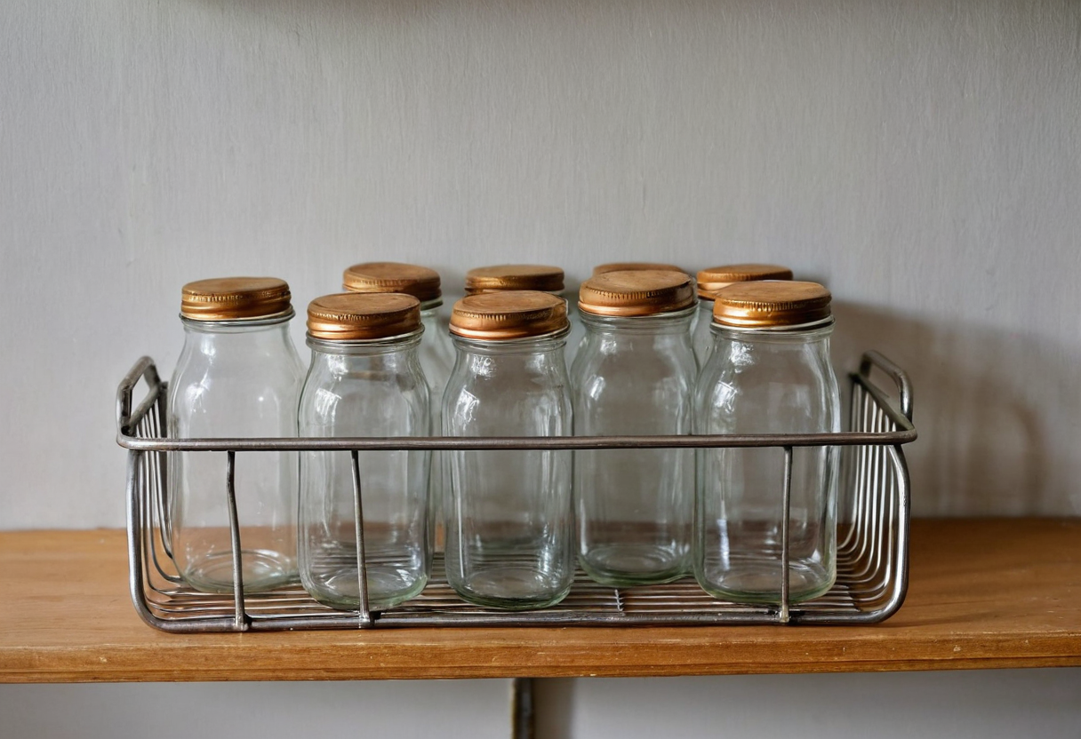 Several small empty clear glass jars with pale lids grouped inside a silver wire basket on a wooden shelf.