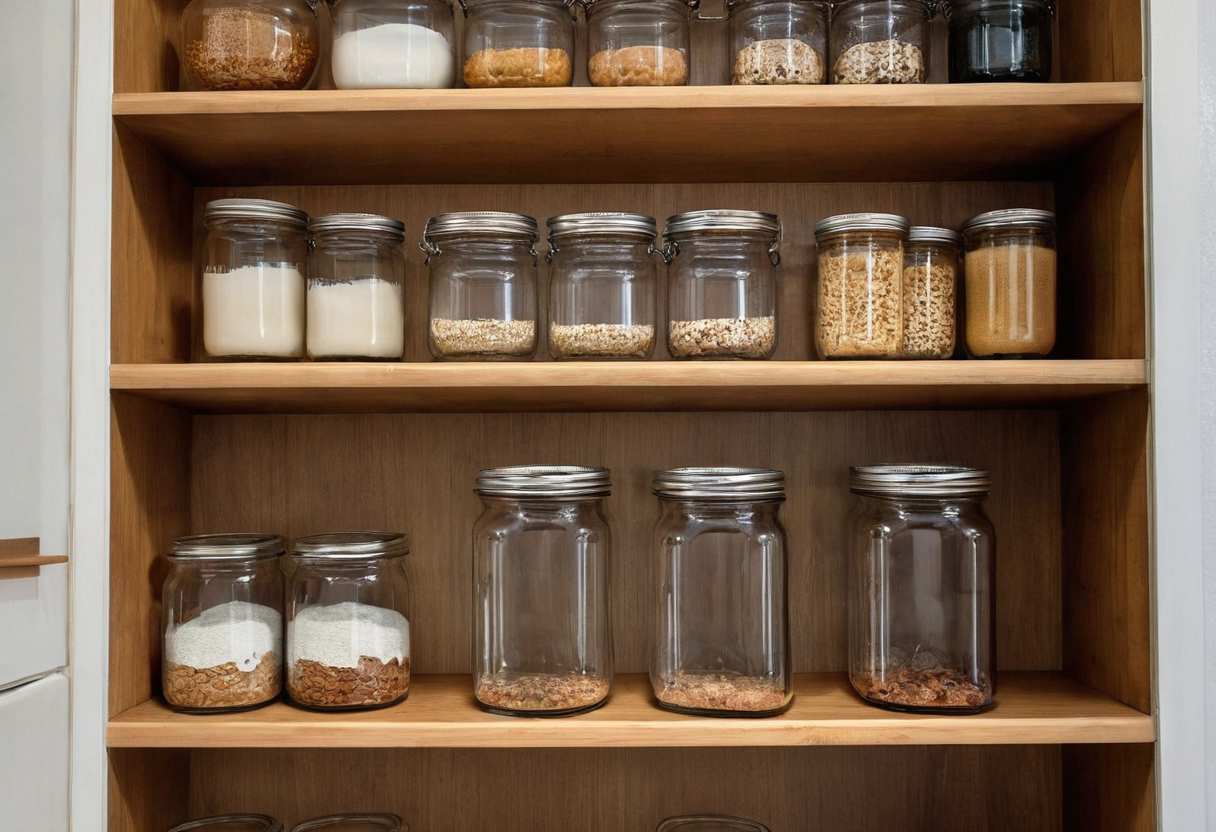 Clear glass jars of mixed sizes on three wooden shelf levels, some holding grains or powder and some partly filled.