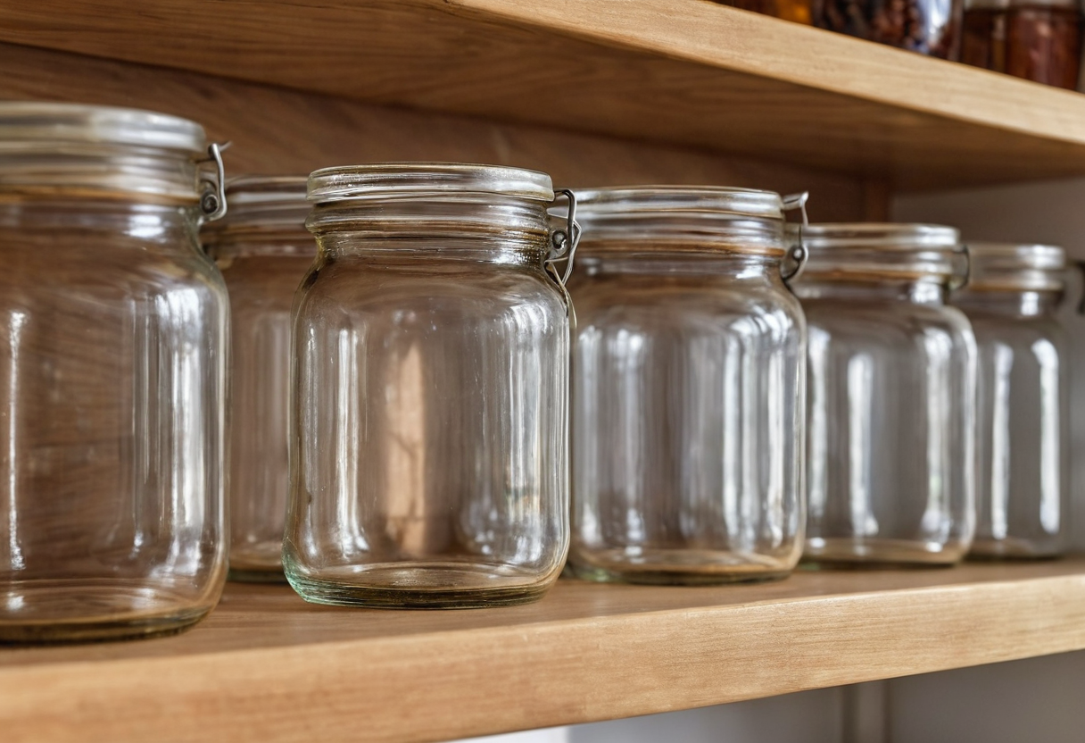 Close view of several empty clear glass jars with hinged glass lids resting on a wooden shelf.