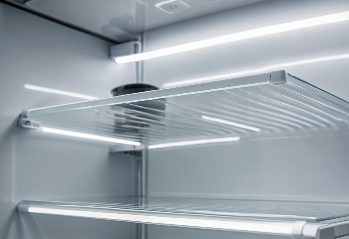 Close low-angle view of a clear refrigerator shelf front edge and white support rails inside a brightly lit compartment.
