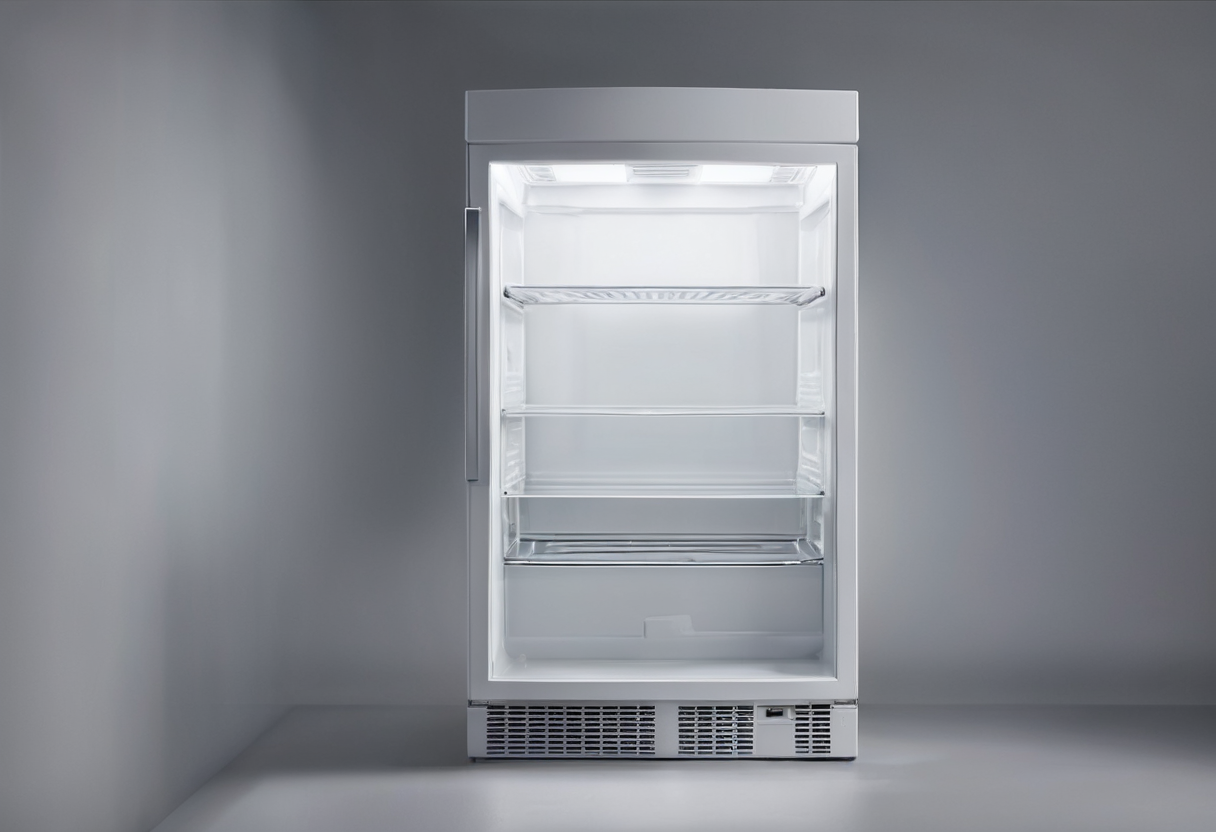 Open compact white refrigerator showing several clear empty shelves and open space beneath.