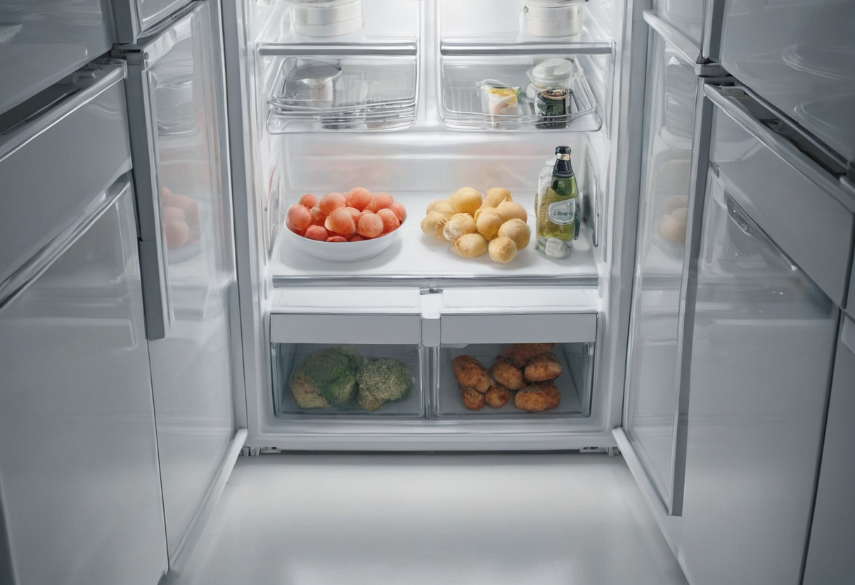 Front view into an open refrigerator showing produce in a bowl on a glass shelf above clear lower drawers.