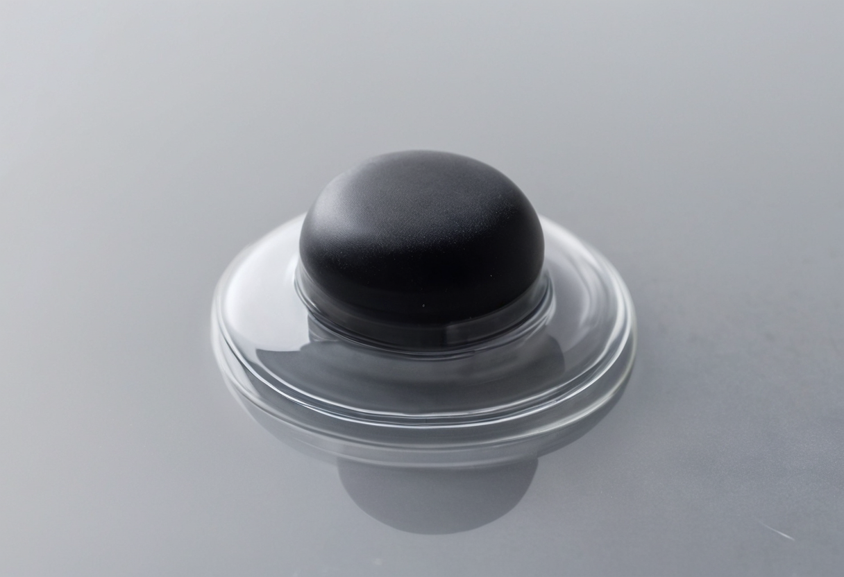 Black rounded dome resting on a clear circular disc against a plain grey background.
