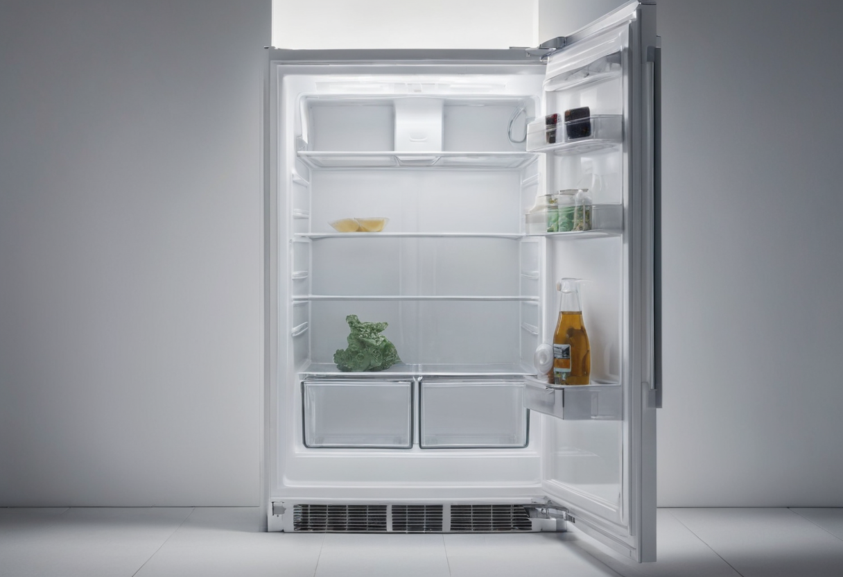 Open white refrigerator containing food items on shelves and in door bins, with clear lower drawers.